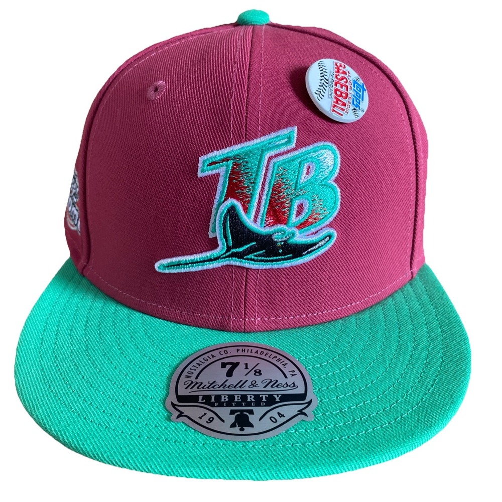 Topps Chrome Mitchell & Ness Tampa Bay Rays Pink Green Fitted 7 1/8 Hat Cap NEW!